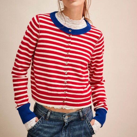 Free People Nocturnal Stripe Cashmere Blend Cardigan in Valiant Blue Combo NWOT - Picture 5 of 10